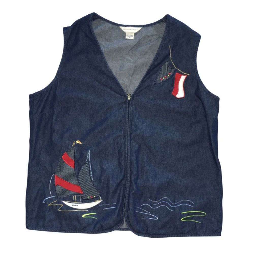 Nautical Sailboat Zip Up Denim Vest 16